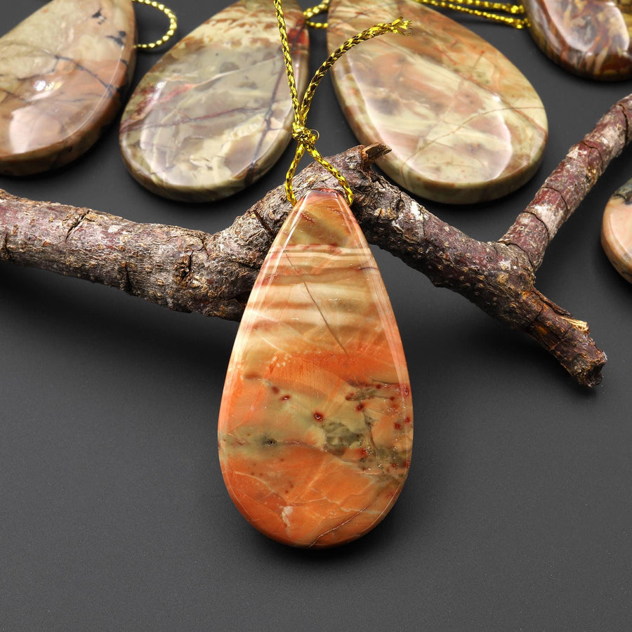 From Oregon USA Natural Carrasite Jasper Teardrop Pendant Earthy Green Peach Pink Orange Brown American Gemstone