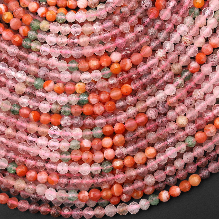 Faceted Multicolor Mixed Gemstone Round Beads 4mm Rose Quartz Strawberry Quartz Red Agate Green Chalcedony 15.5" Strand