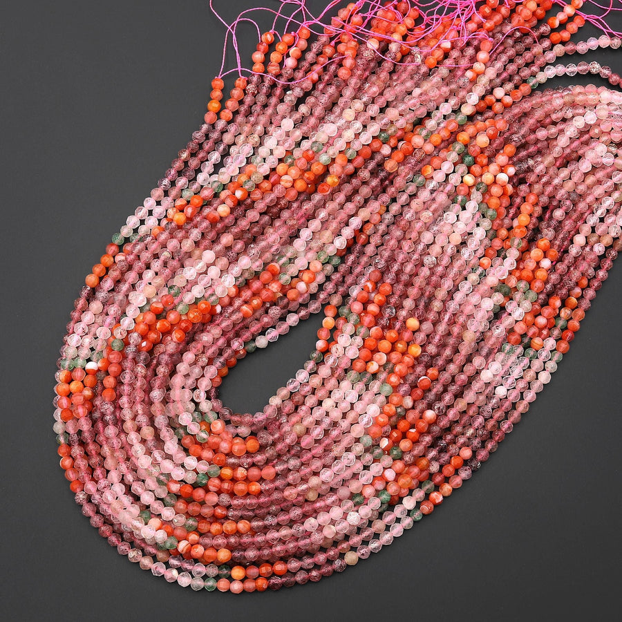 Faceted Multicolor Mixed Gemstone Round Beads 4mm Rose Quartz Strawberry Quartz Red Agate Green Chalcedony 15.5" Strand