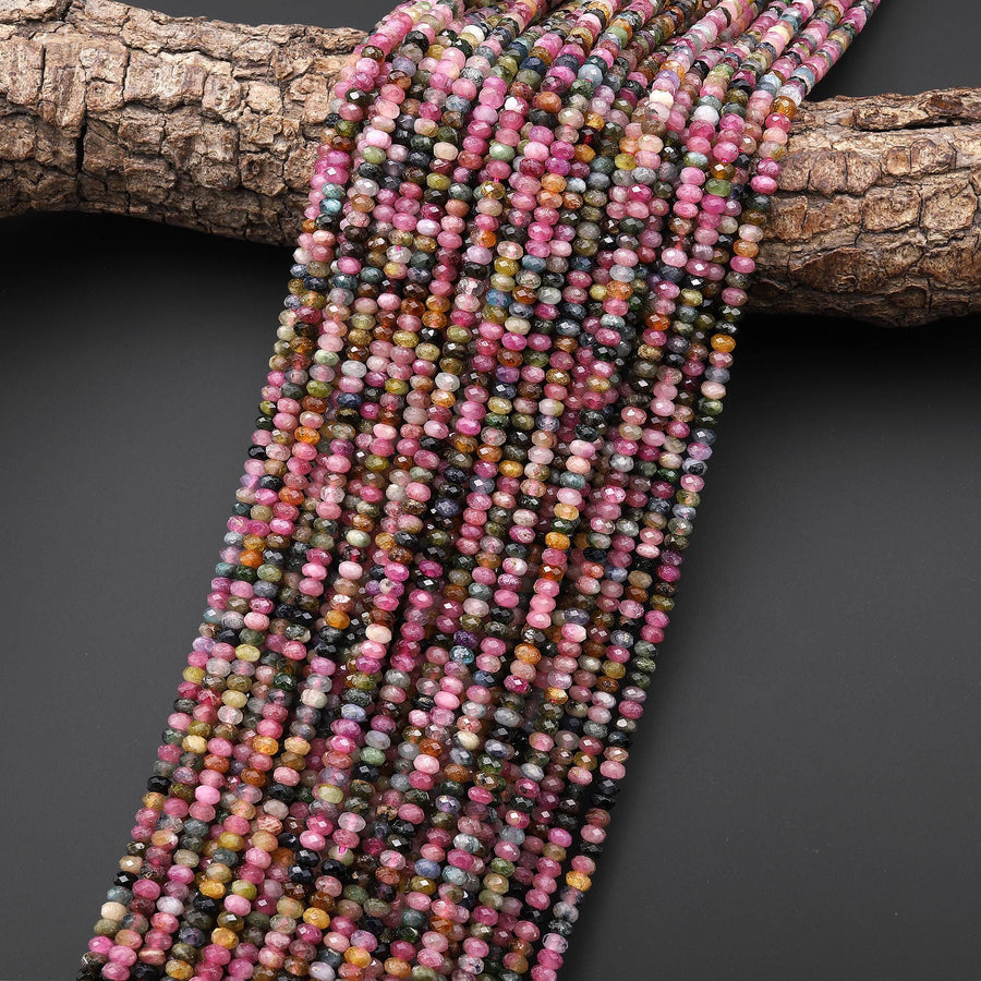 Faceted Natural Multicolor Tourmaline 4mm Rondelle Beads Pink Green Blue Gemstone 15.5" Strand