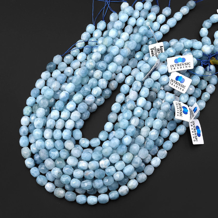 AAA Faceted Natural Blue Aquamarine Barrel Nugget Beads 10mm 15.5" Strand