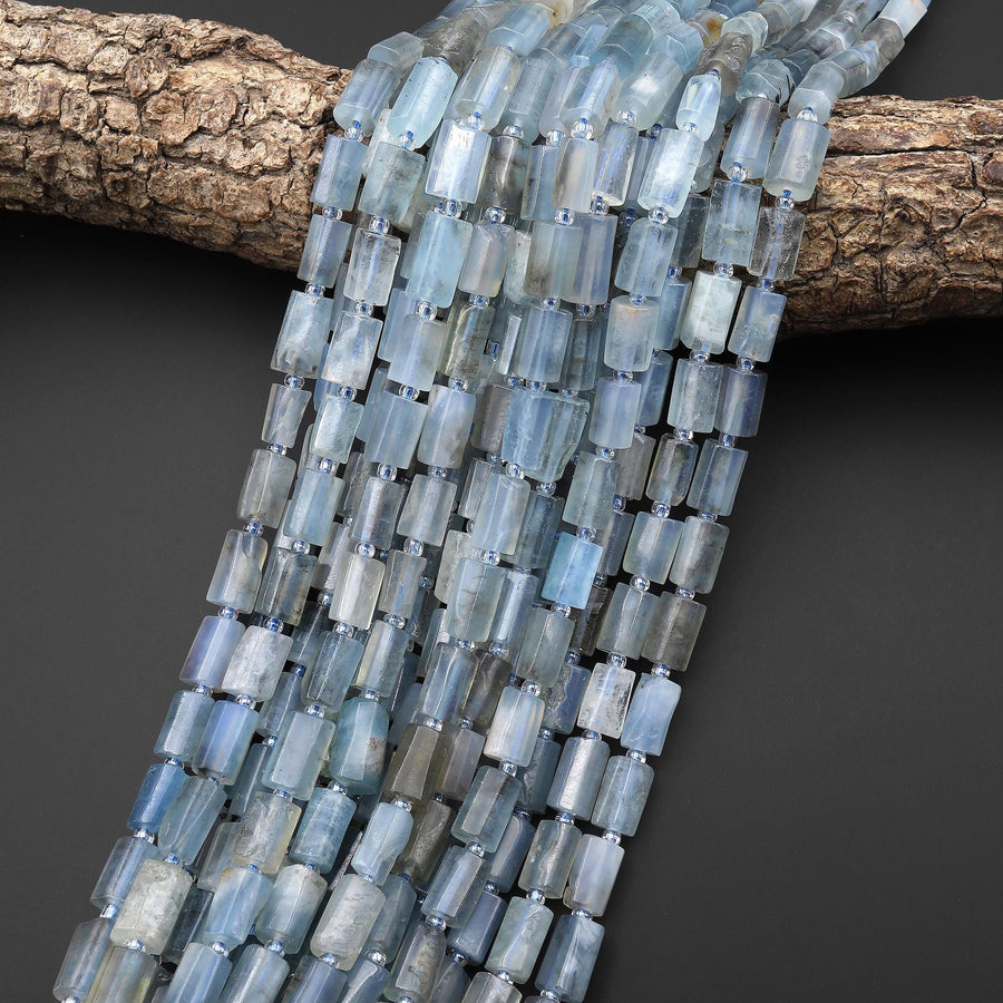 Translucent Natural Santa Maria Blue Aquamarine Tube Beads Gemstone 15.5" Strand