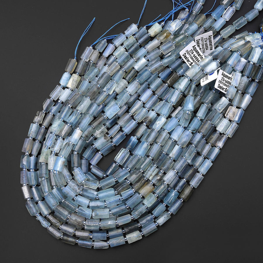 Translucent Natural Santa Maria Blue Aquamarine Tube Beads Gemstone 15.5" Strand