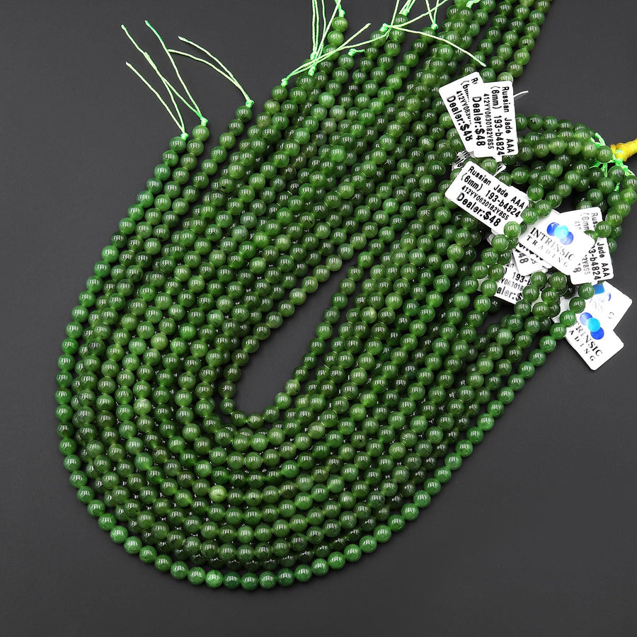 AAA Real Genuine Natural Green Russian Siberian Jade Smooth 6mm Round Beads 15.5" Strand