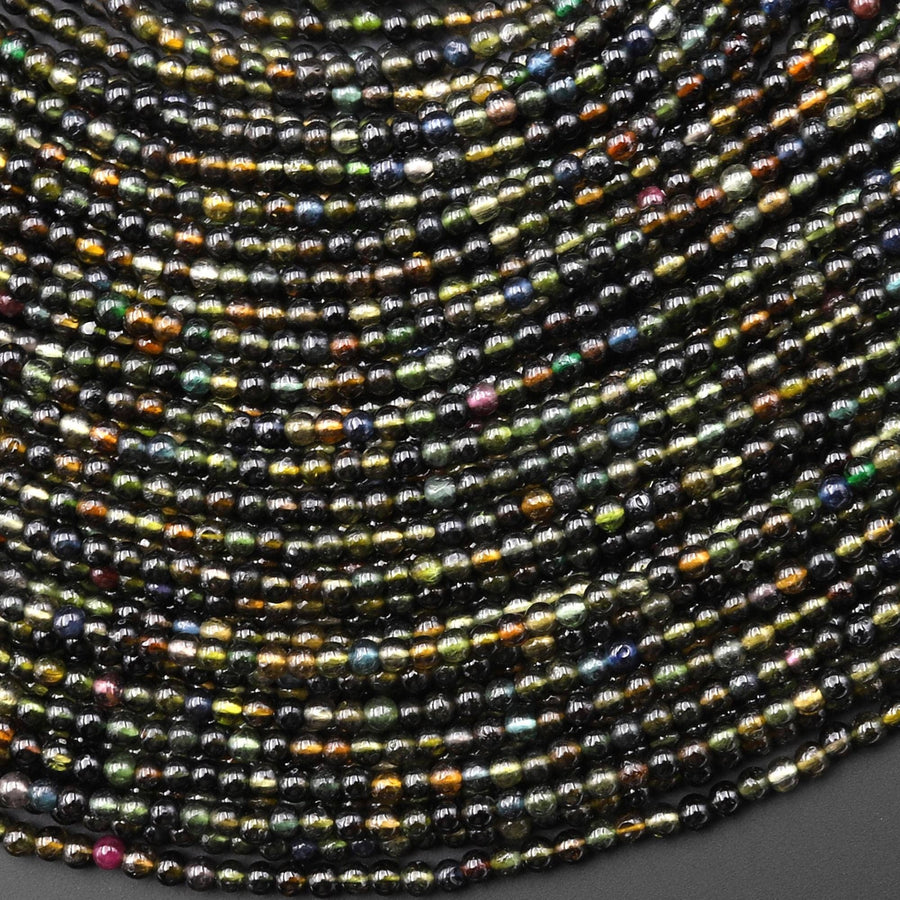 AAA Natural Black Blue Green Tourmaline 2mm Smooth Round Beads 15.5" Strand