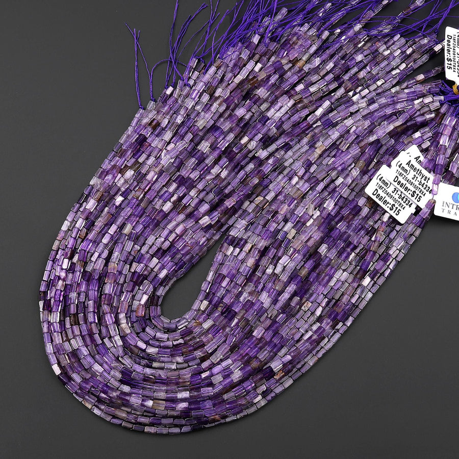 Natural Purple Amethyst 4x2mm Long Thin Rectangle Tube Beads Gemstone 15.5" Strand