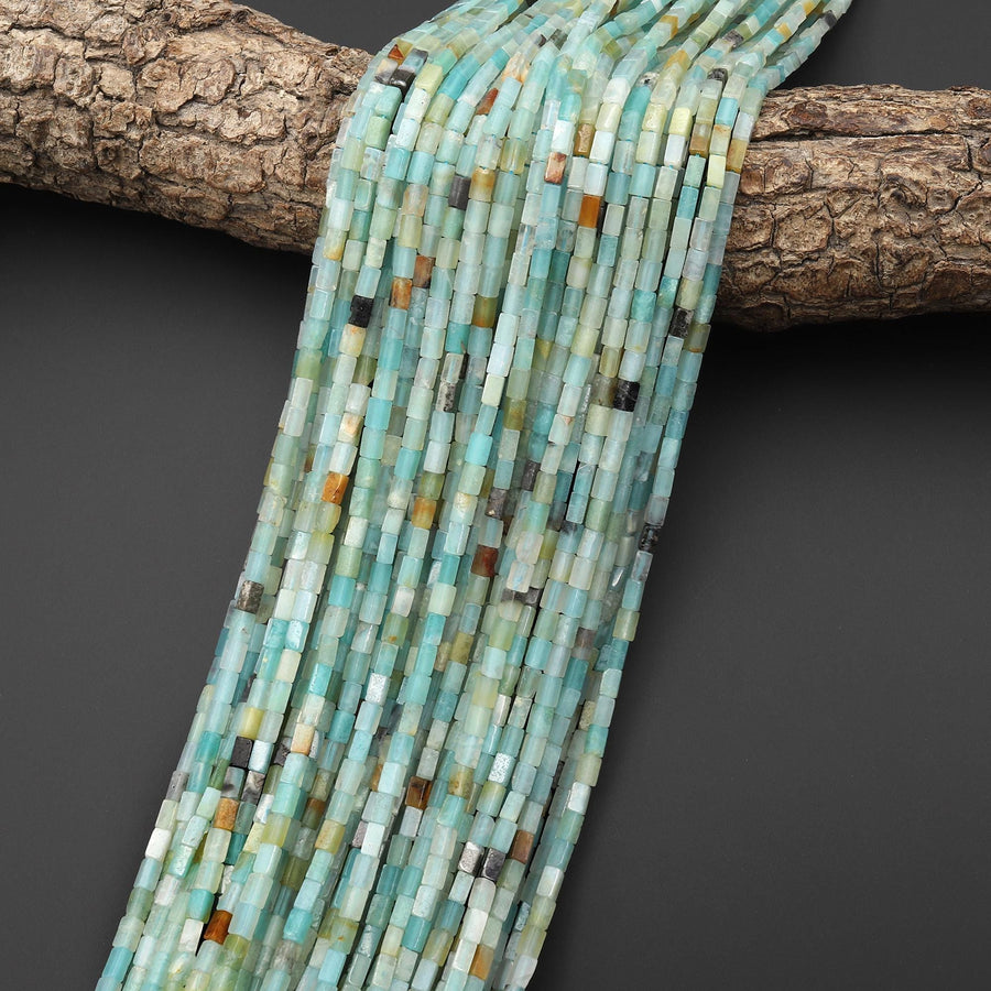 Natural Multicolor Natural Blue Green Golden Amazonite 4x2mm Long Thin Rectangle Tube Beads Gemstone 15.5" Strand