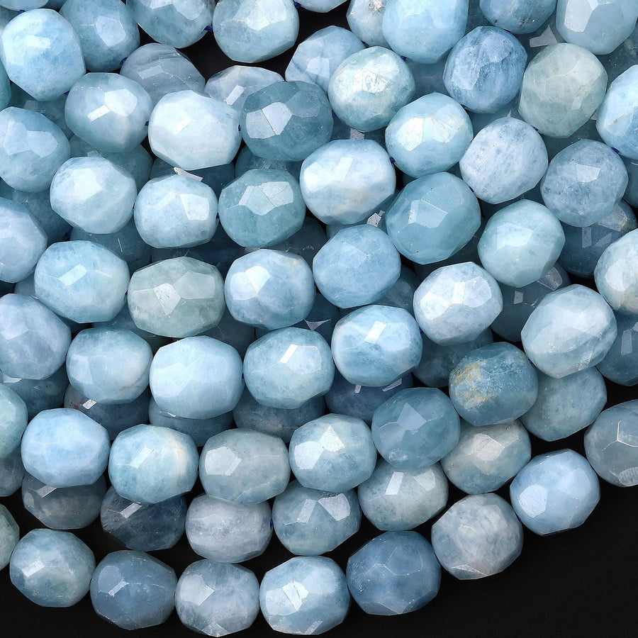 AAA Faceted Natural Blue Aquamarine Barrel Nugget Beads 10mm 15.5" Strand