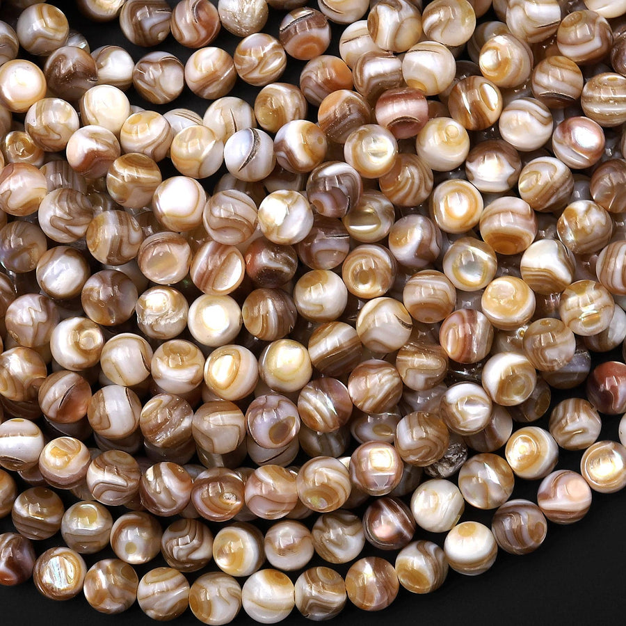 Iridescent Swirly Natural Golden Brown Mother of Pearl Shell Round Beads 6mm 15.5" Strand