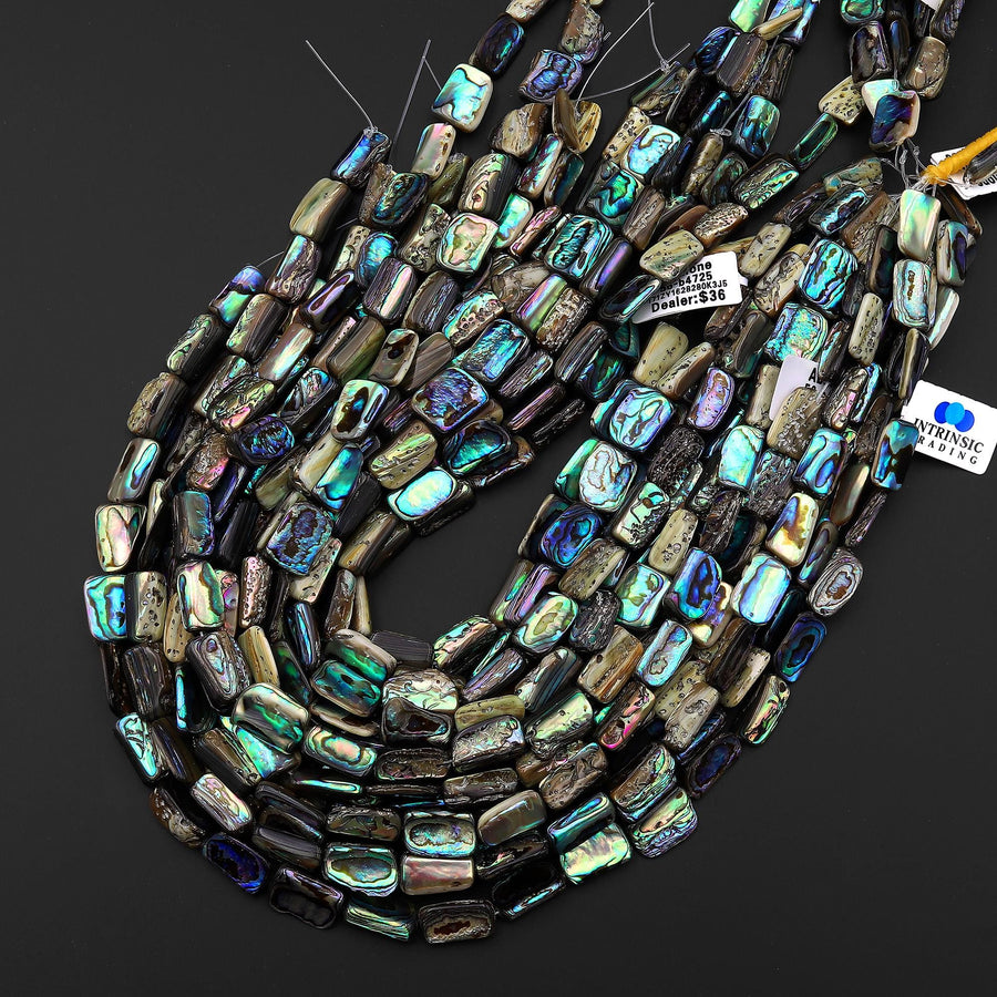 Genuine Natural Abalone Shell Smooth Rounded Rectangle Nugget Beads Iridescent Rainbow Glow Blue Green 15.5" Strand
