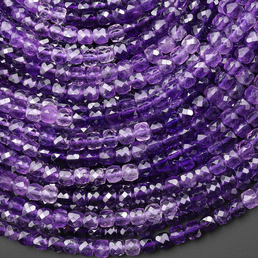 AAA Natural Purple Amethyst 4mm Faceted Cube Ombre Gemstone Beads 15.5" Strand