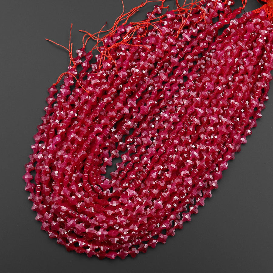 Lab-grown Red Ruby Faceted 4 Four Leaf Clover Gemstone 6mm 8mm Beads 15.5" Strand