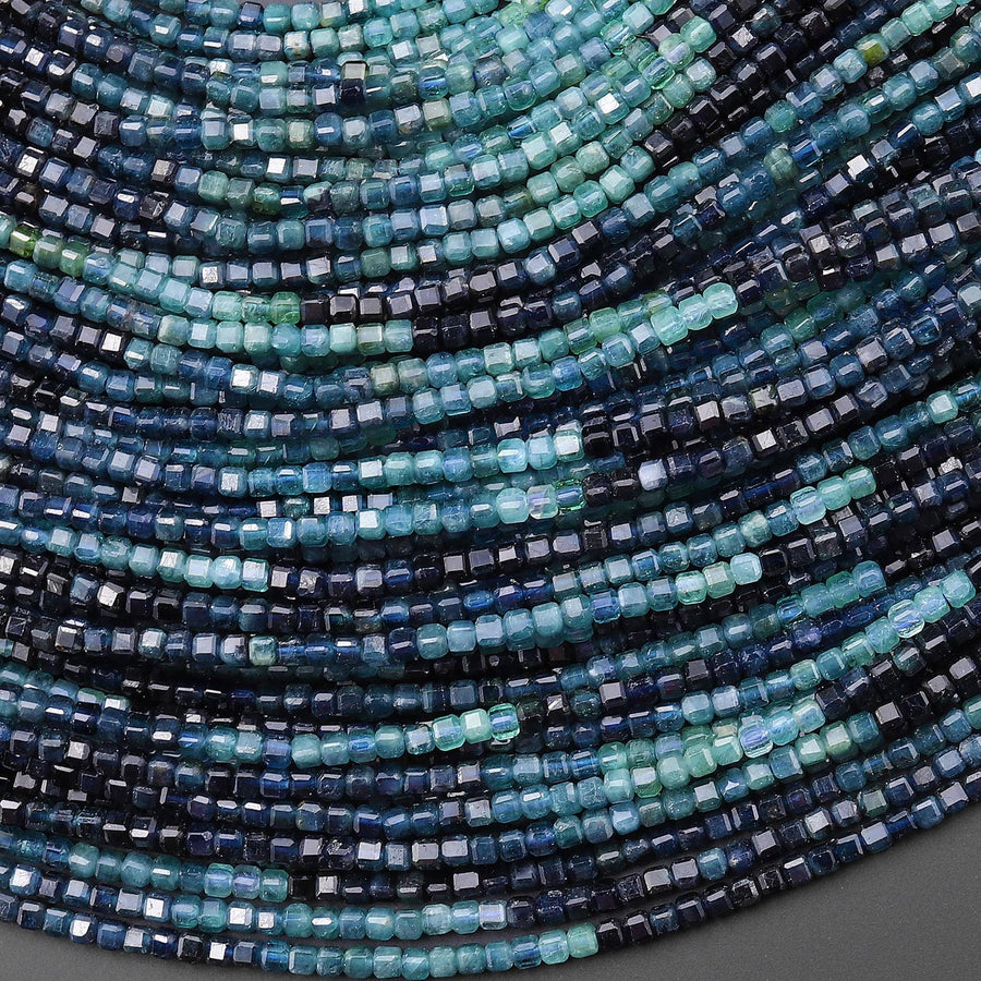 AAA Natural Paraiba Blue Tourmaline Faceted 2mm Cube Ombre Beads Indicolite Gemstone 15.5" Strand