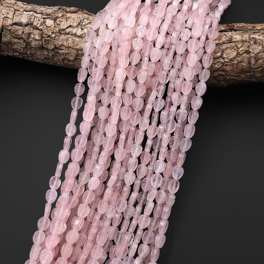 Natural Pink Rose Quartz Carved Leaf Gemstone Beads 15.5" Strand