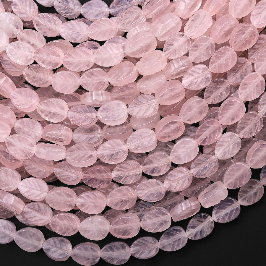 Natural Pink Rose Quartz Carved Leaf Gemstone Beads 15.5" Strand