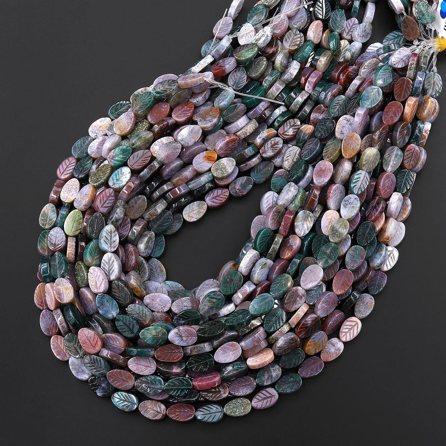 Natural Indian Agate Hand Carved Fall Leaf Gemstone Beads 8x12mm 15.5" Strand