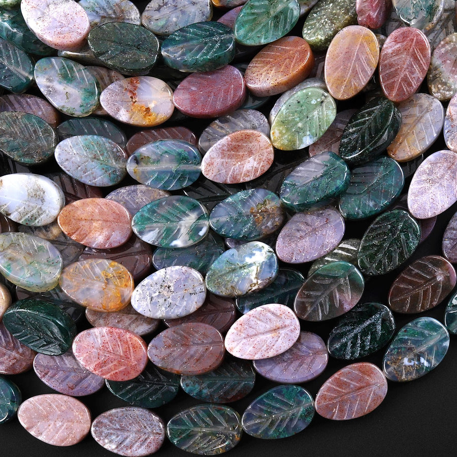 Natural Indian Agate Hand Carved Fall Leaf Gemstone Beads 8x12mm 15.5" Strand