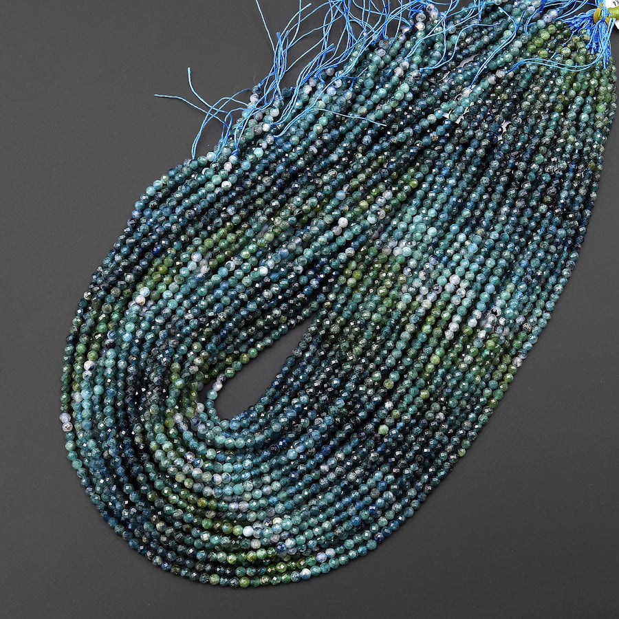 Faceted Natural Blue Tourmaline 3mm Round Beads Ombre Gemstone 15.5" Strand