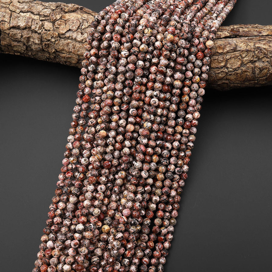 AAA Faceted Natural Leopard Skin Jasper 3mm 4mm Round Beads Gemstone 15" Strand