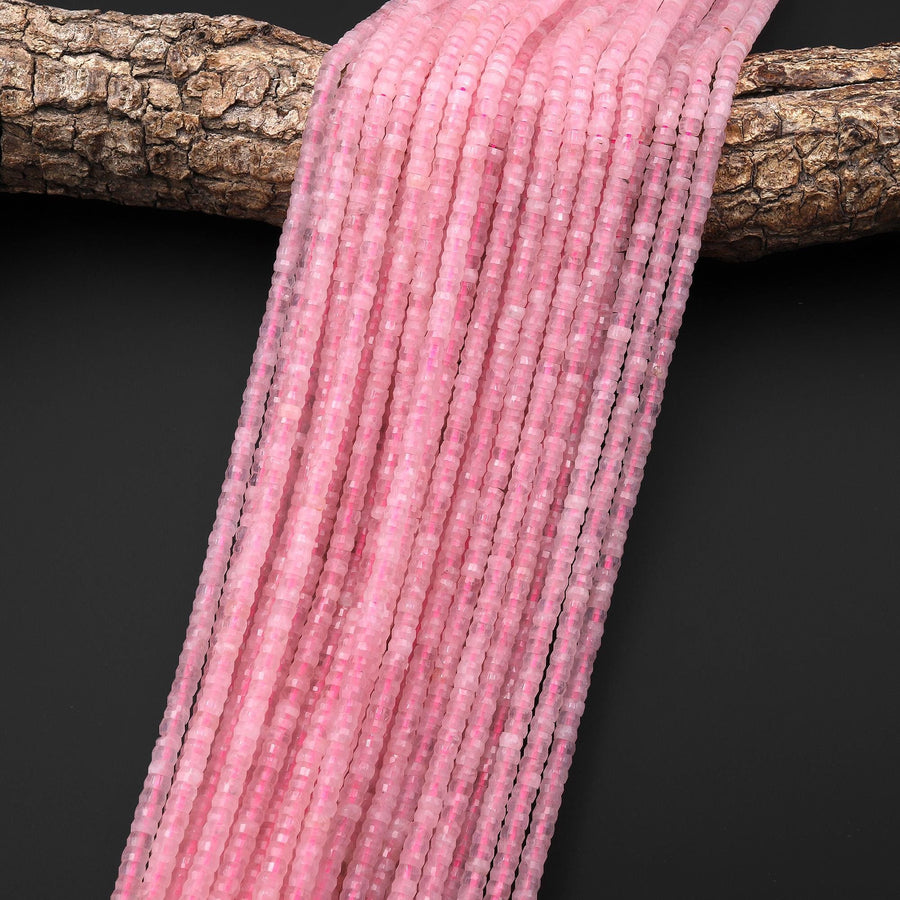 AAA Faceted Natural Pink Rose Quartz Heishi Rondelle Beads 4mm 15" Strand