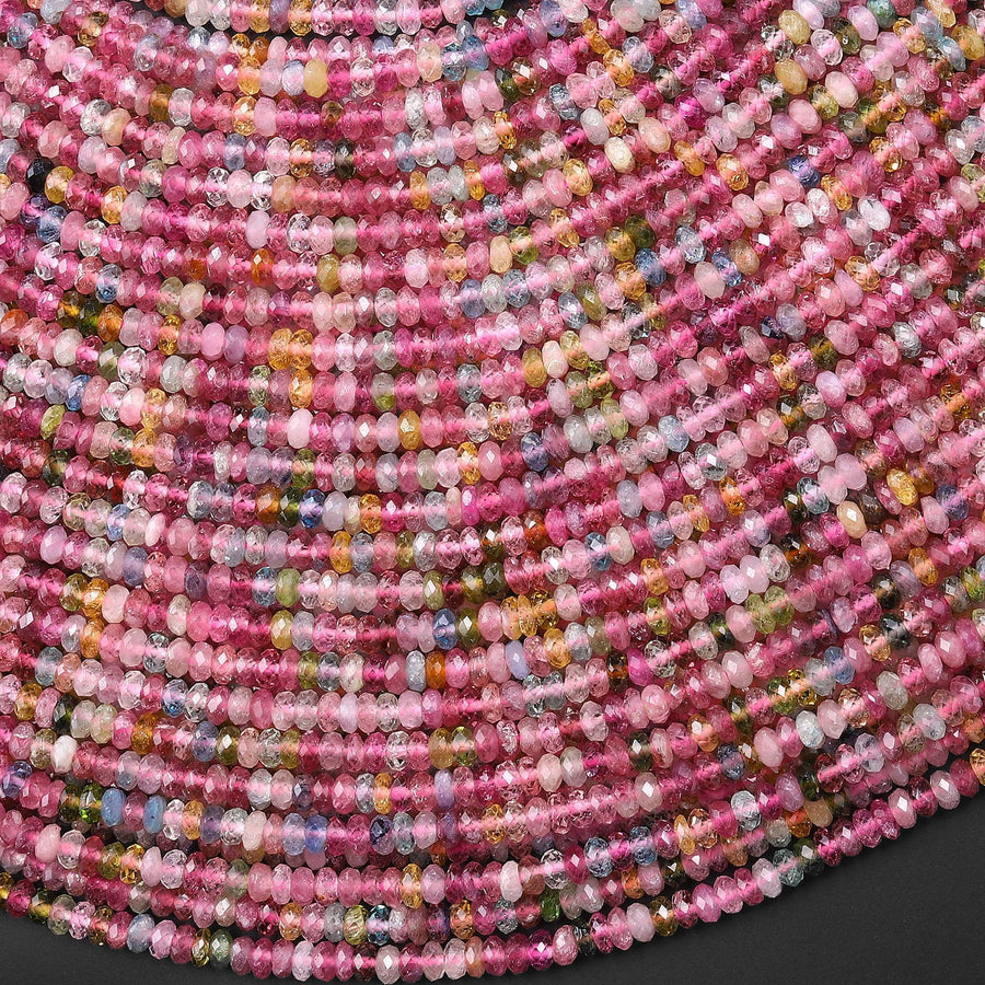 AAA Gemmy Translucent Natural Pink Blue Green Tourmaline Micro Faceted 3mm Thin Rondelle Beads Gemstone 15.5" Strand