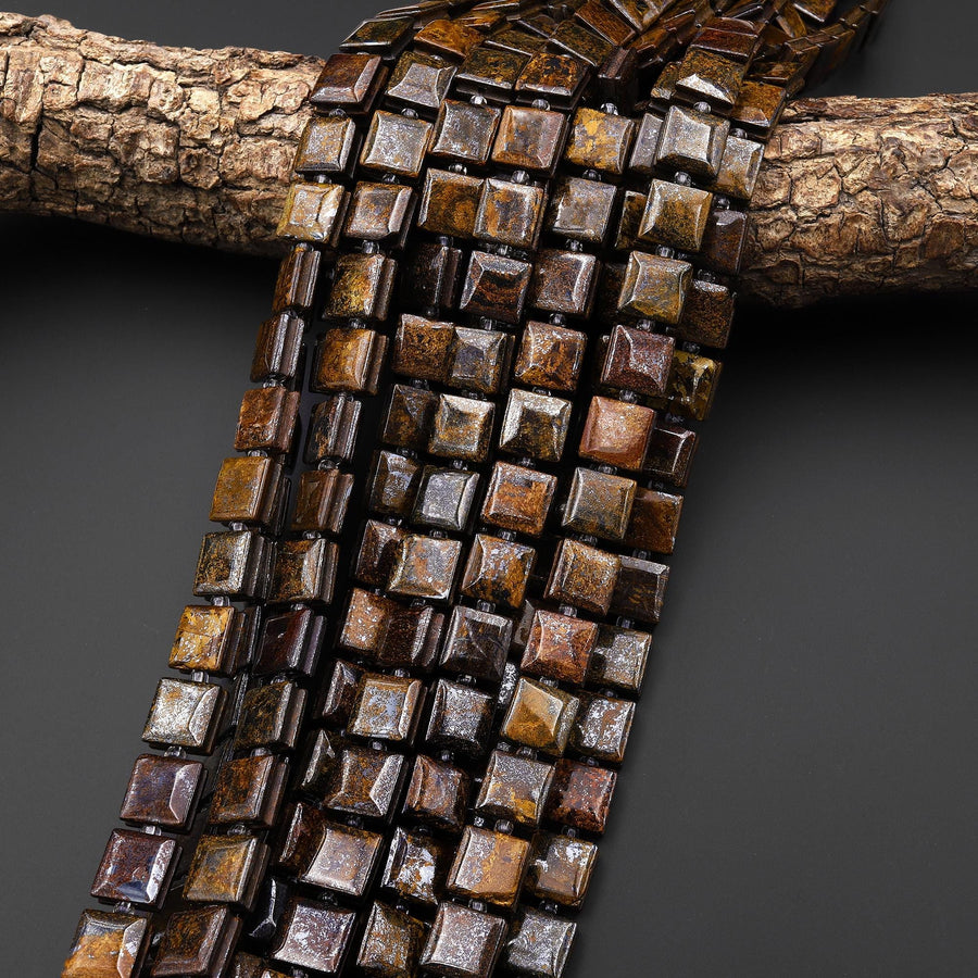 AAA Natural Bronzite Smooth Square Beads w/ Grooved Line Around 16" Strand