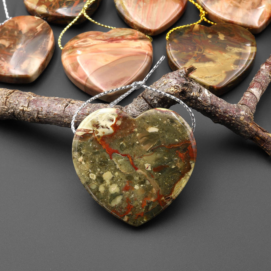 From Oregon USA Natural Carrasite Jasper Heart Pendant Earthy Green Peach Pink Orange Brown American Gemstone A2