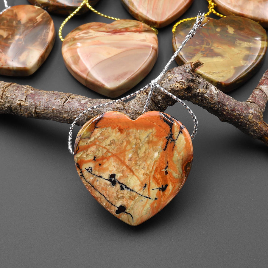 From Oregon USA Natural Carrasite Jasper Heart Pendant Earthy Green Peach Pink Orange Brown American Gemstone A4
