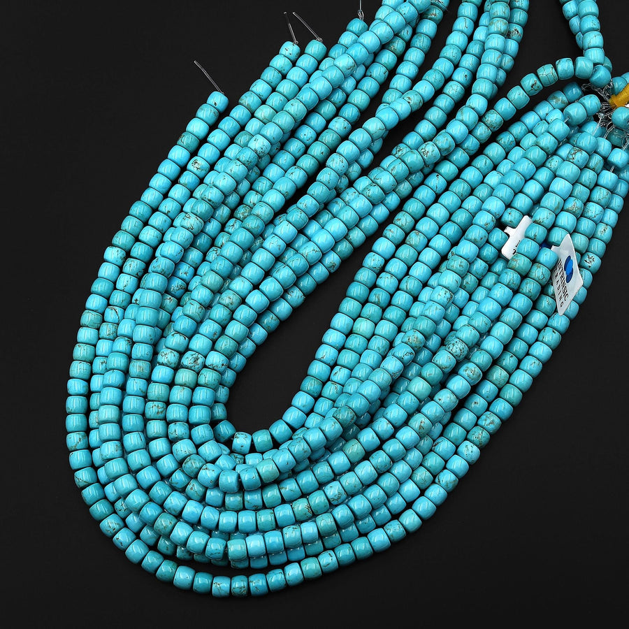 Blue Turquoise Jasper Puffy Barrel Rondelle Rounded Cylinder Beads Aka Dyed Sleeping Beauty 15.5" Strand