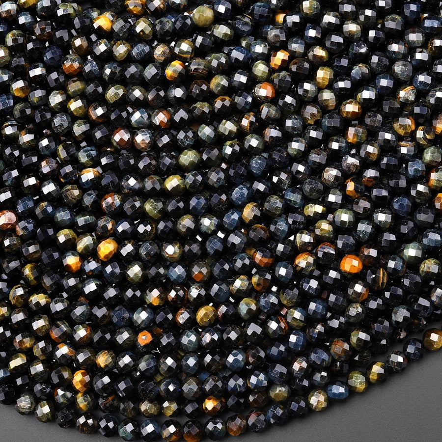 AAA Faceted Natural Blue Tiger's Eye 4mm Round Beads 15.5" Strand