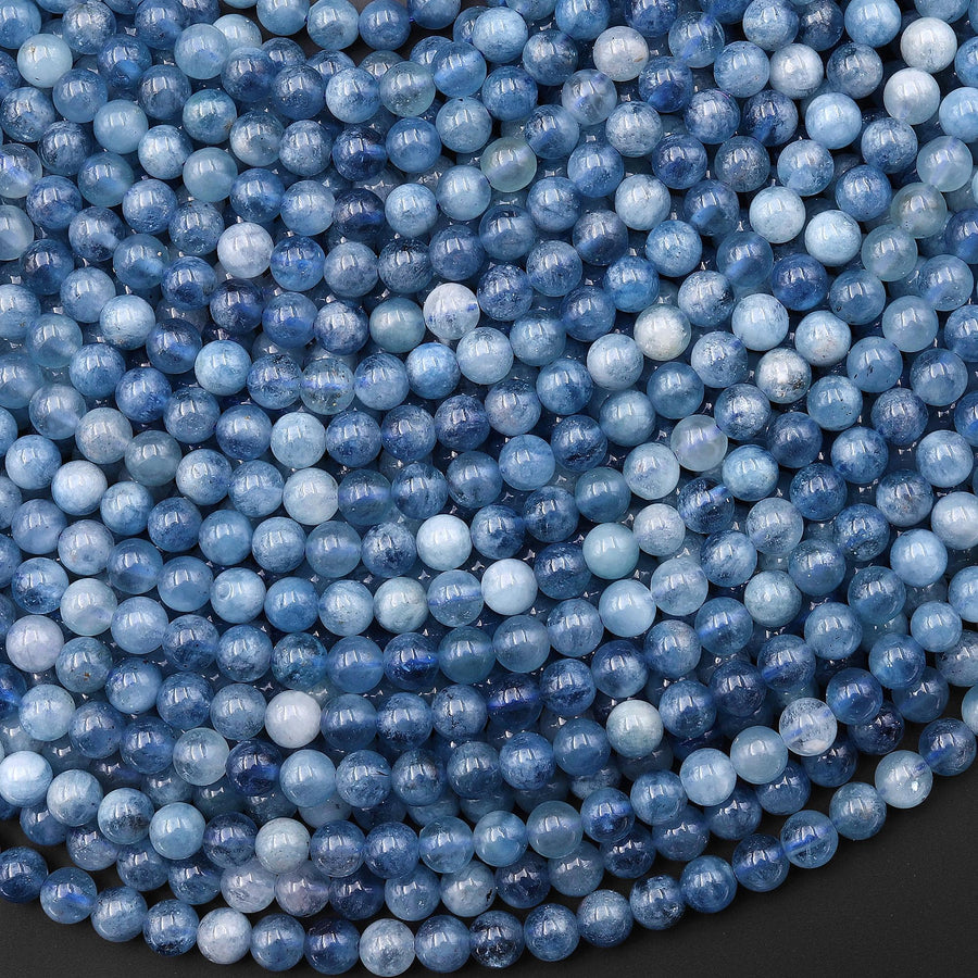Natural Stormy Blue Santa Maria Aquamarine Smooth 4mm Round Beads Gemstone 15.5" Strand