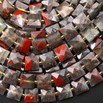 Faceted Natural African Bloodstone 10mm Gemstone Square Beads 15.5" Strand