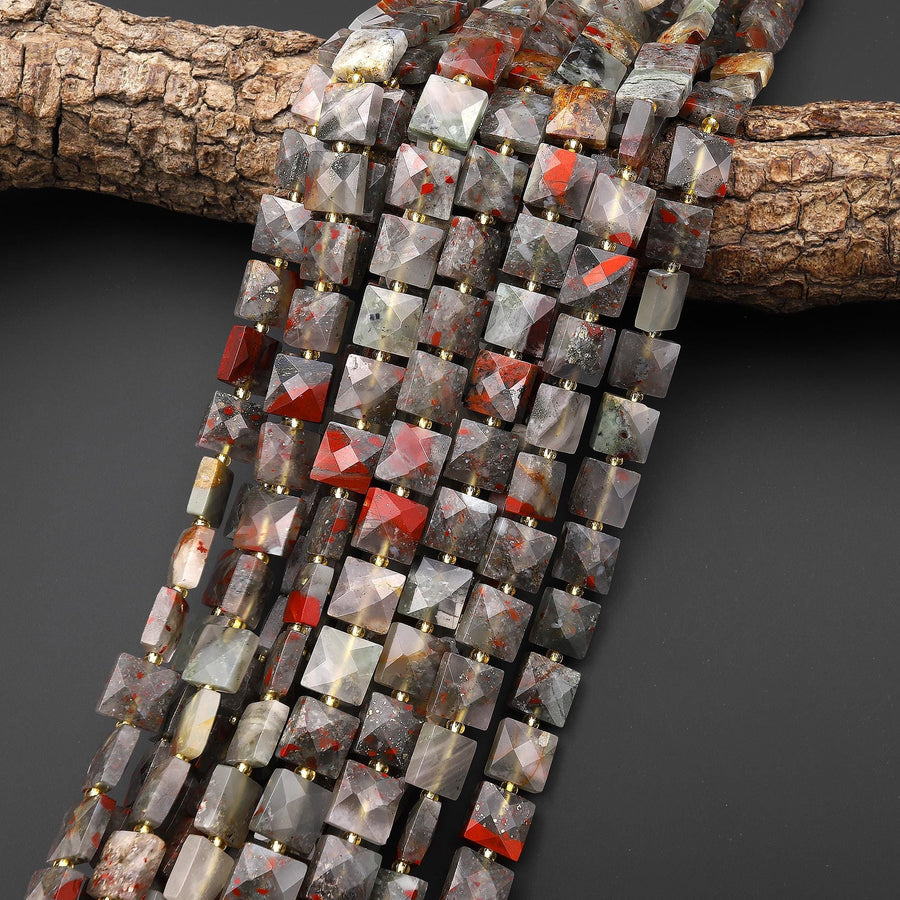 Faceted Natural African Bloodstone 10mm Gemstone Square Beads 15.5" Strand