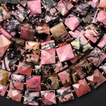 AAA Faceted Natural Pink Rhodonite 10mm Gemstone Square Beads 15.5" Strand