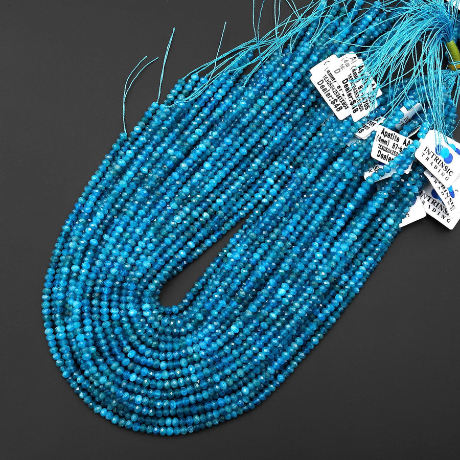 AAA Vibrant Faceted Natural Blue Apatite 4mm Rondelle Beads Micro Cut Gemstone 15.5" Strand