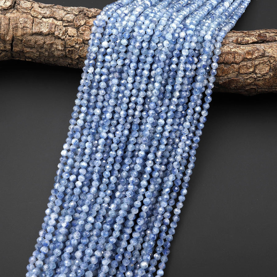 AAA Natural Light Silvery Blue Kyanite Faceted 4mm Round Beads 15.5" Strand