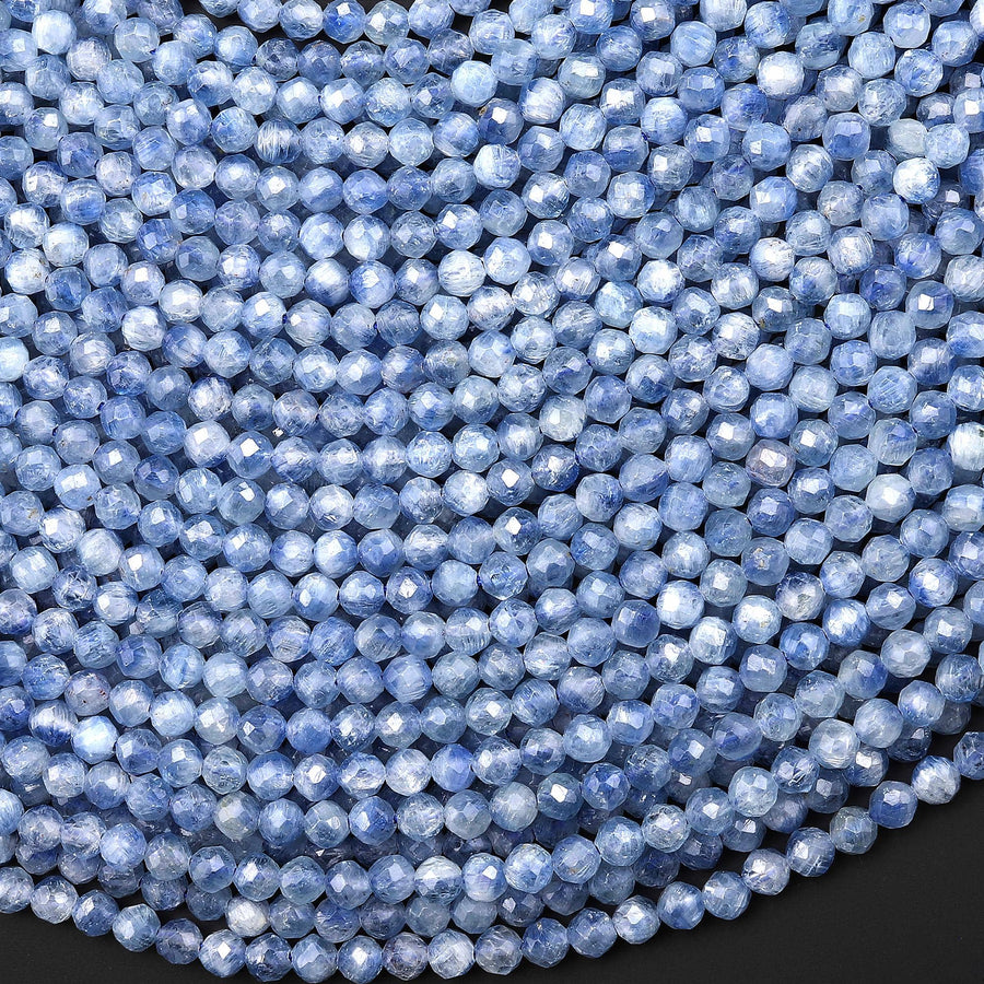 AAA Natural Light Silvery Blue Kyanite Faceted 4mm Round Beads 15.5" Strand