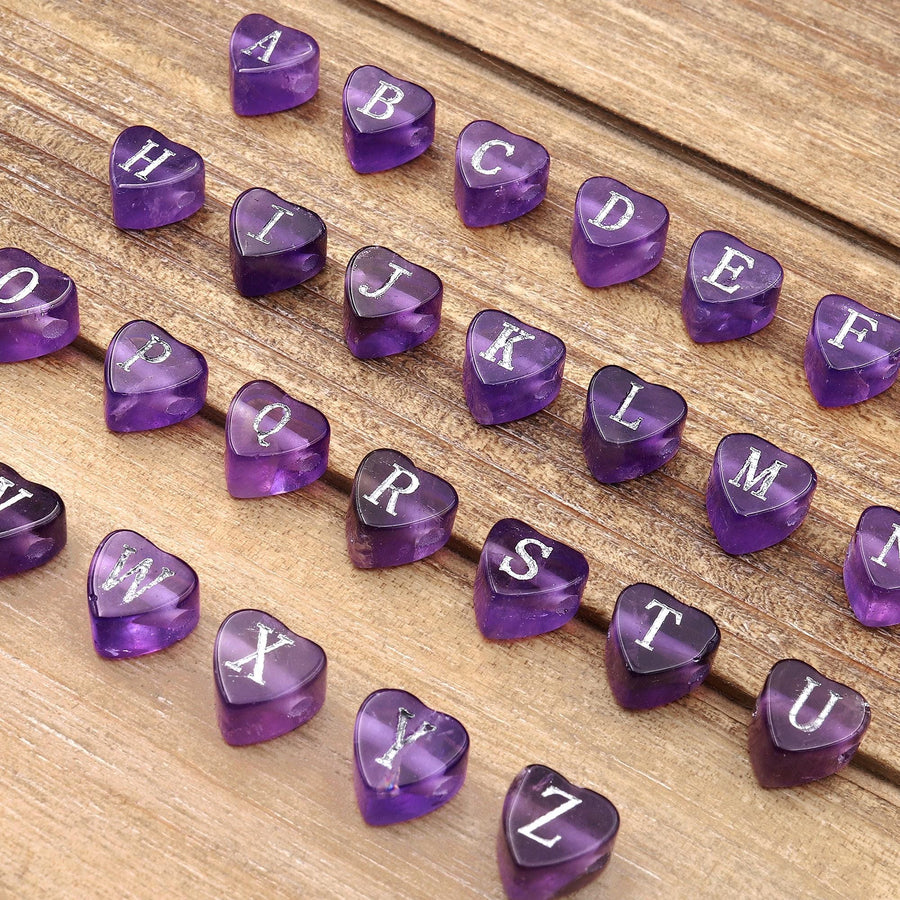 AAA Laser Engraved Drilled Natural Purple Amethyst Heart Beads 8mm Choose from 26 Alphabet Letters Name Initial
