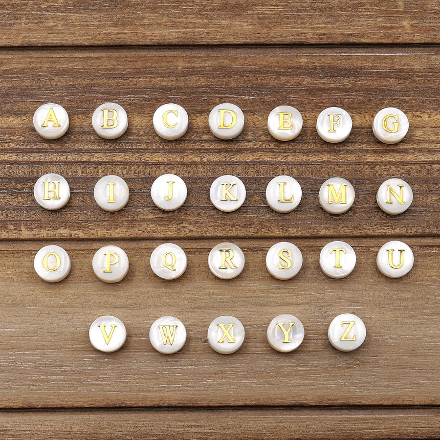 AAA Iridescent Hand Made Natural White Mother of Pearl Shell Beads 8mm Coin Gold Engraving Choose from 26 Alphabet Letters Name Initial