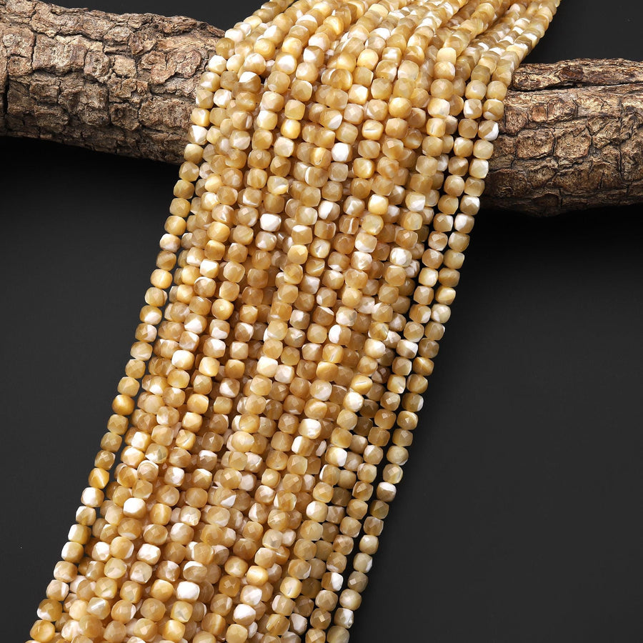 Faceted Natural Golden Brown Mother of Pearl Shell Cube Beads 4mm 15.5" Strand