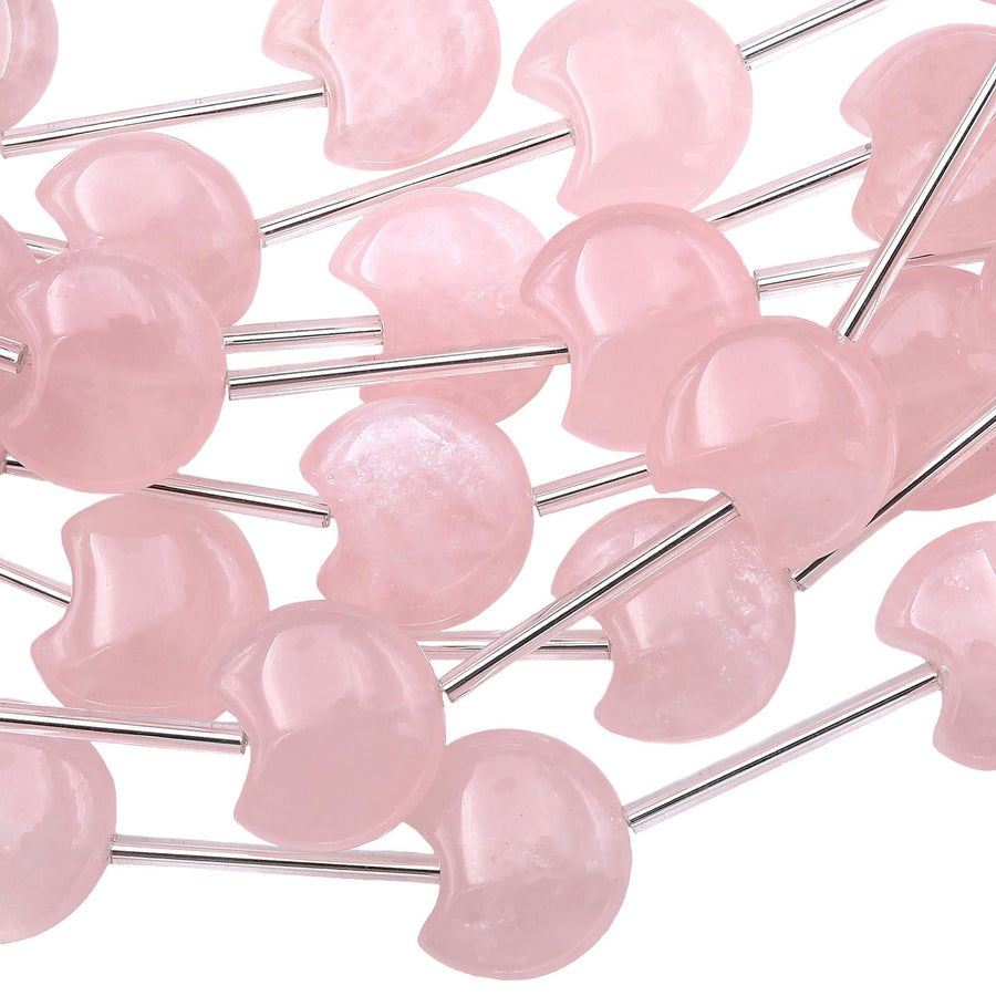 Natural Pink Rose Quartz Hand Carved Puffy Crescent Moon Gemstone Beads 22x20mm 8" Strand