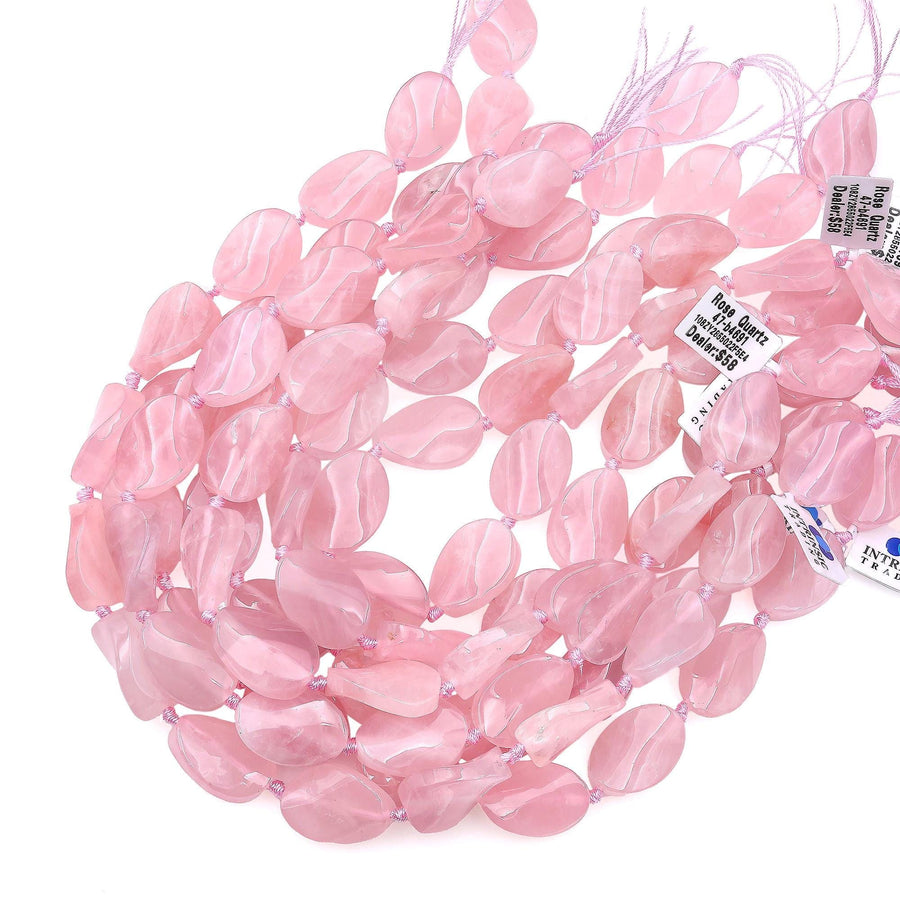 AAA Large Natural Madagascar Pink Rose Quartz Wavy Oval Beads Strand 15.5" Strand
