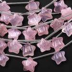 Natural Pink Rose Quartz Hand Carved Puffy Star Gemstone Beads 22mm Top Side Drilled 8" Strand