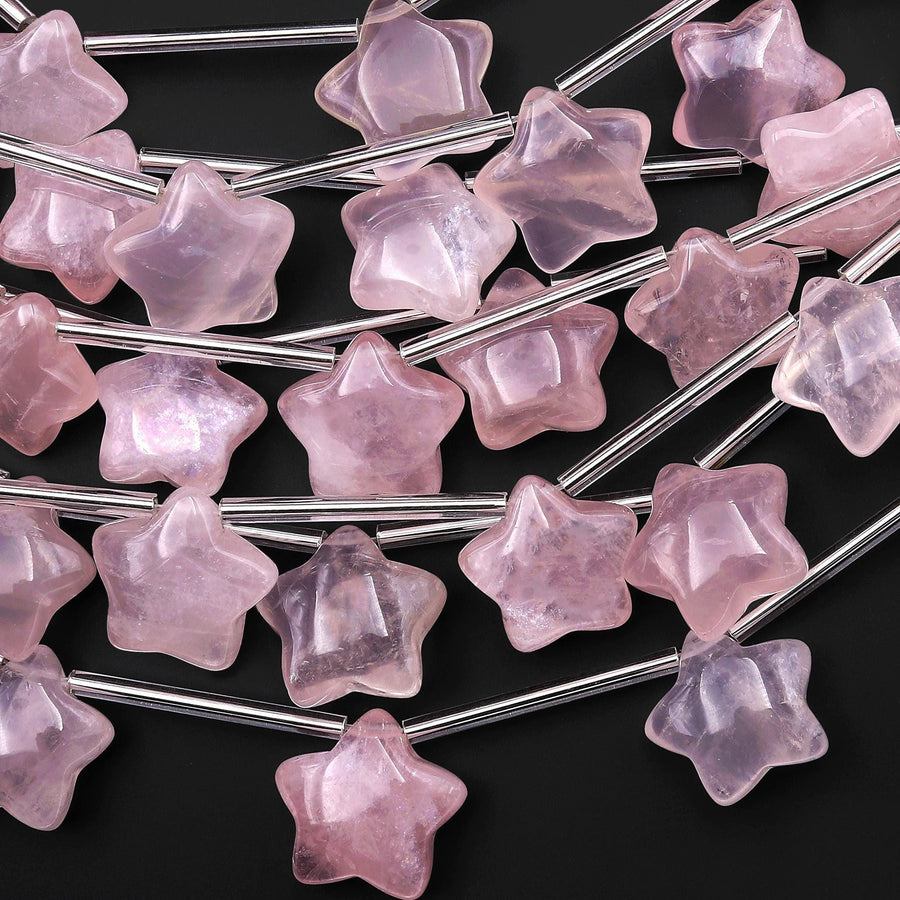 Natural Pink Rose Quartz Hand Carved Puffy Star Gemstone Beads 22mm Top Side Drilled 8" Strand