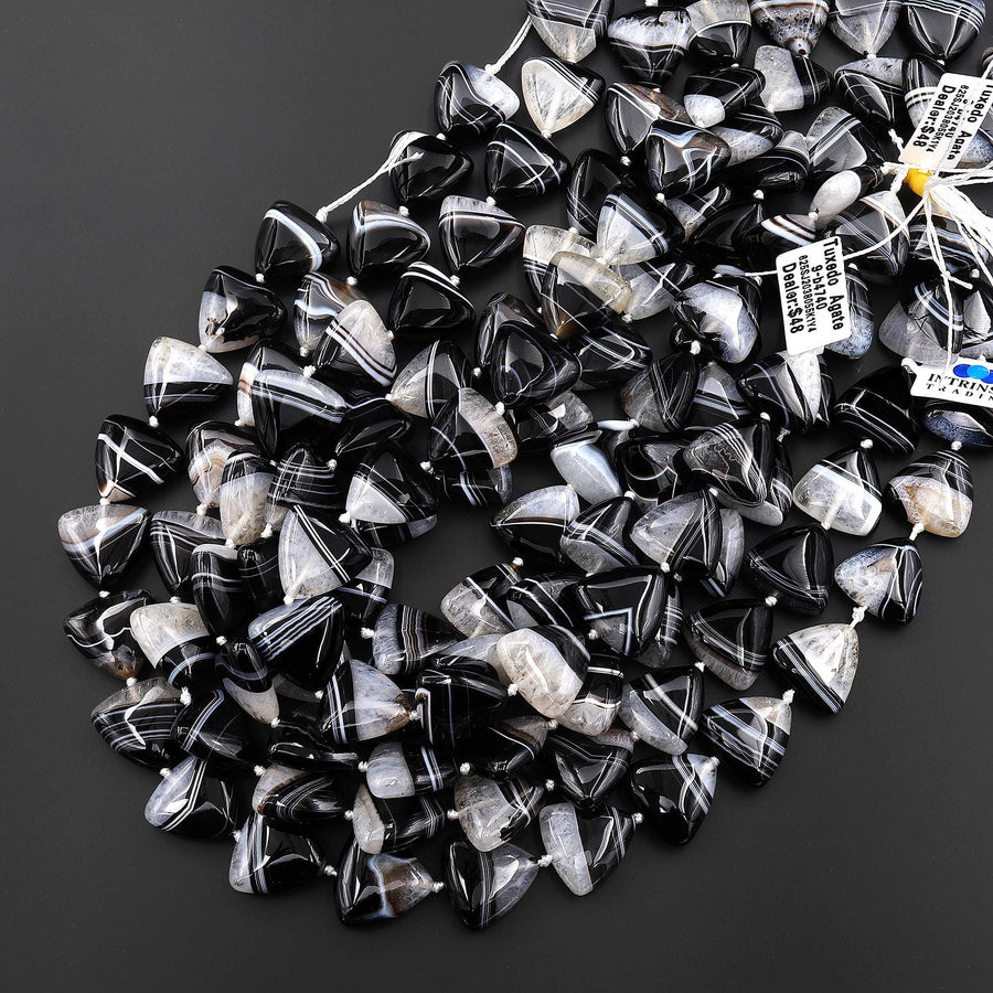 AAA Natural Black Tuxedo Agate Smooth Triangle Beads W/ White Quartz Matrix 20mm 15.5" Strand