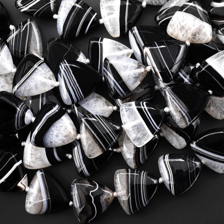 AAA Natural Black Tuxedo Agate Smooth Triangle Beads W/ White Quartz Matrix 20mm 15.5" Strand