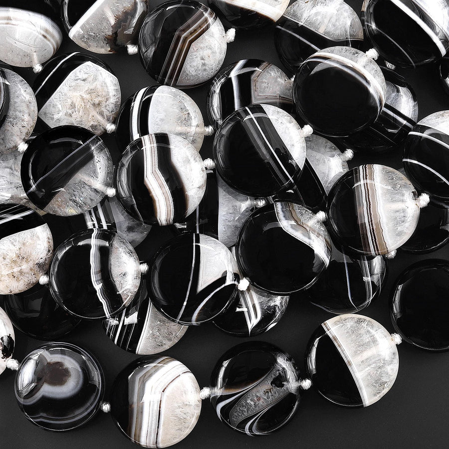 AAA Natural Black Tuxedo Agate Smooth Coin Beads W/ White Quartz Matrix 20mm 15.5" Strand