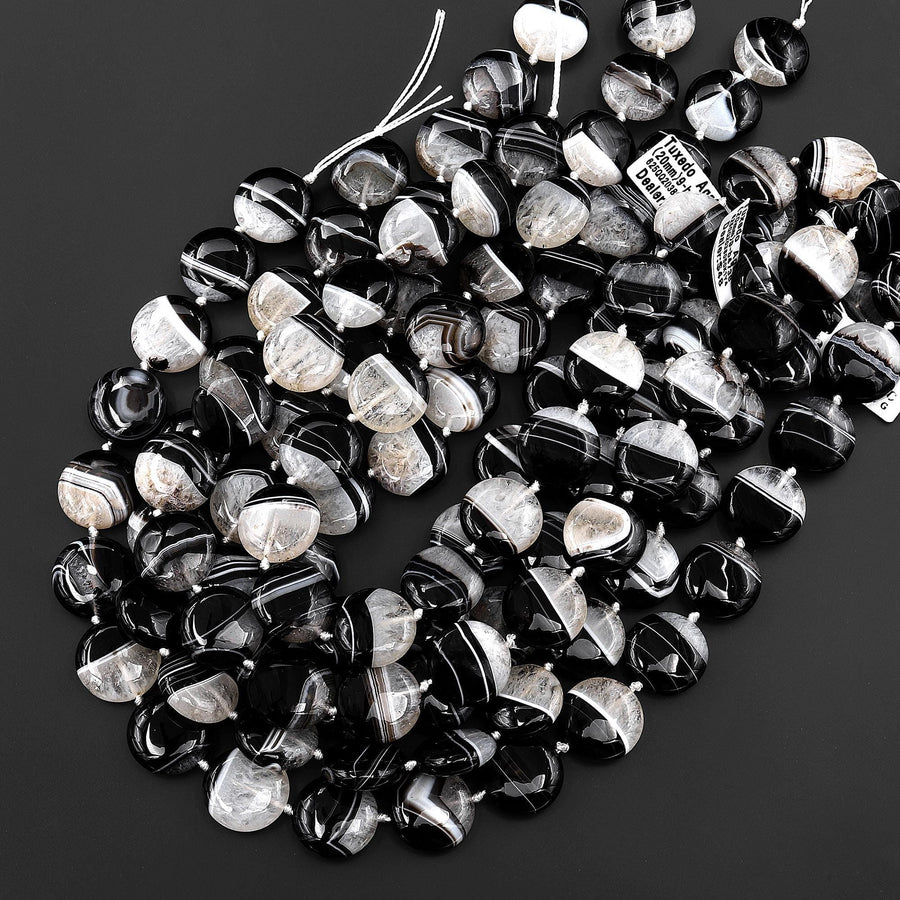 AAA Natural Black Tuxedo Agate Smooth Coin Beads W/ White Quartz Matrix 20mm 15.5" Strand
