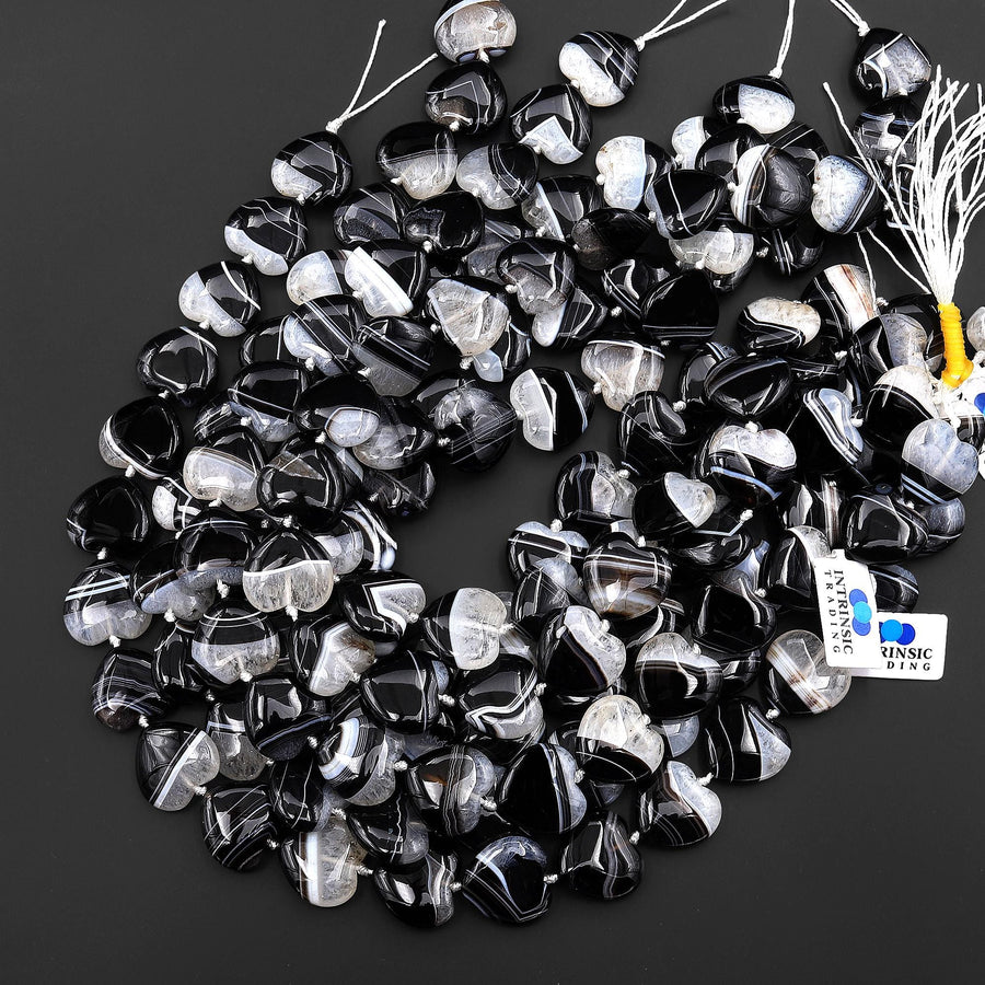 AAA Natural Striped Black Tuxedo Agate Smooth Heart Beads 20mm 15.5" Strand