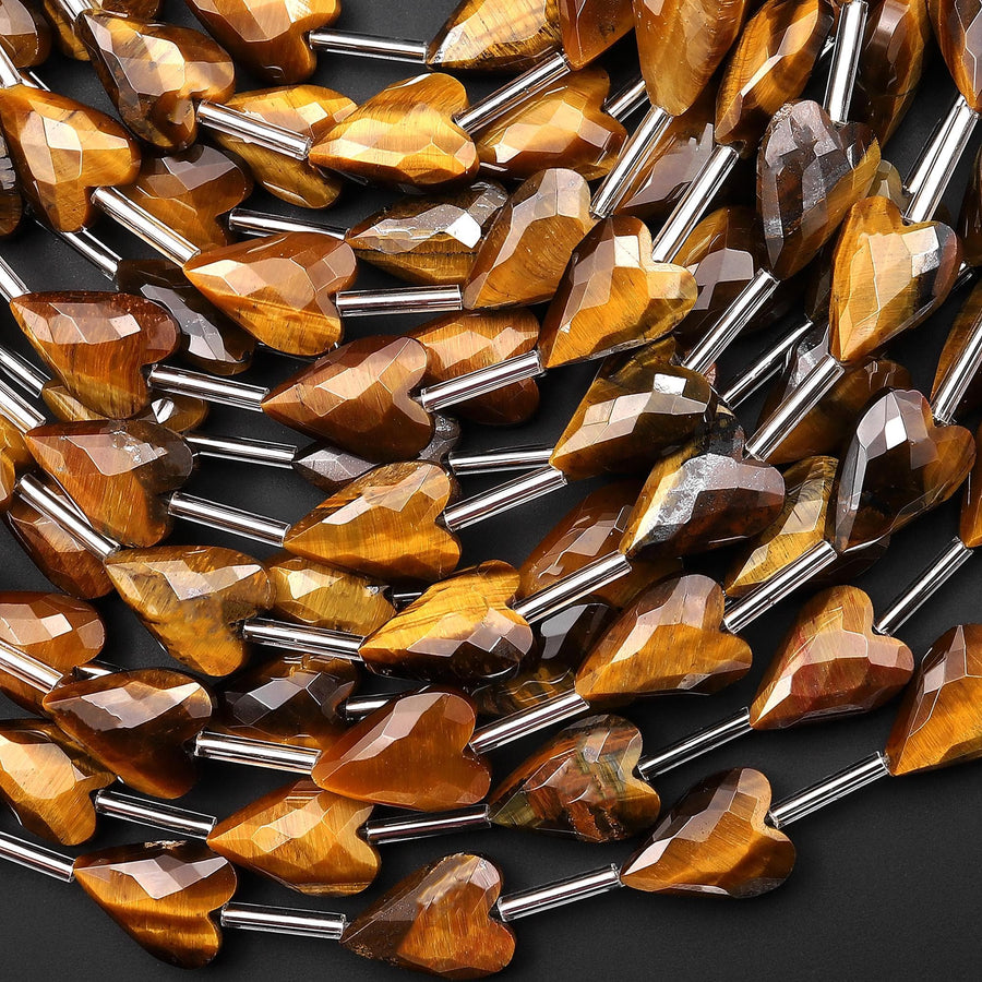 Faceted Natural Golden Tiger's Eye Heart Beads 8x12mm Gemstone 15.5" Strand